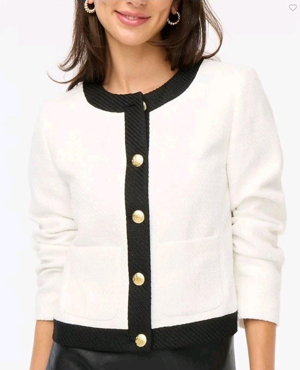 J.Crew Tweed Lady Jacket Womens 12 Black White Preppy Blazer Gold Crested Button
